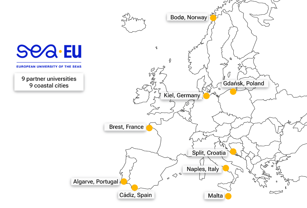 Map of the Europe with 9 SEA-EU cities makred