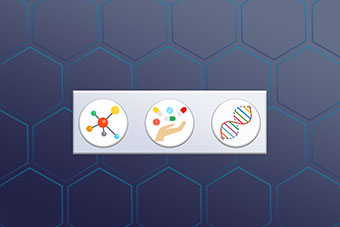 icons denoting pills, dna and molecules on a blue background with hexagons