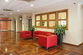 The IT Services reception showing the red sofa areas with two plants, a lift and a big window in the background