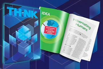 THINK magazine cover and two pages of the magazine on a blue background