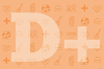 D+ on an orange background and a number of icons denoting different topics